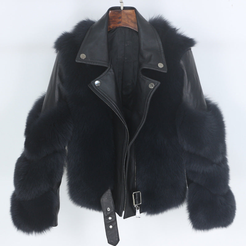 BelaCustom Fox or Raccoon Fur Women's Winter Genuine Leather Jacket Coat Customization