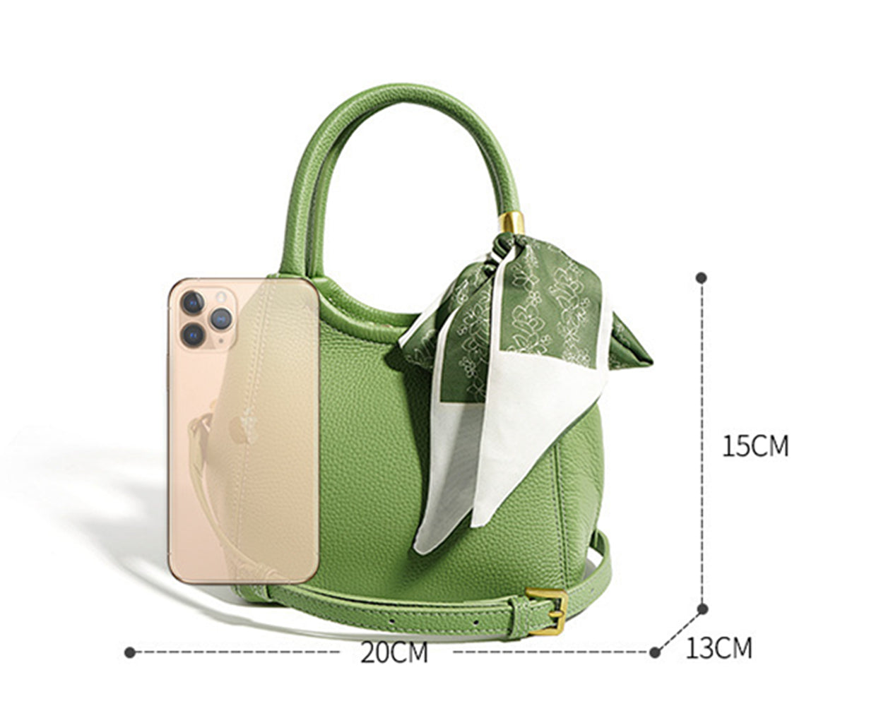 Crossbody Bucket Bag Women's Genuine Leather Handmade Zip Up Silk Scarf Decor Handbag Tote Shoulder Bags