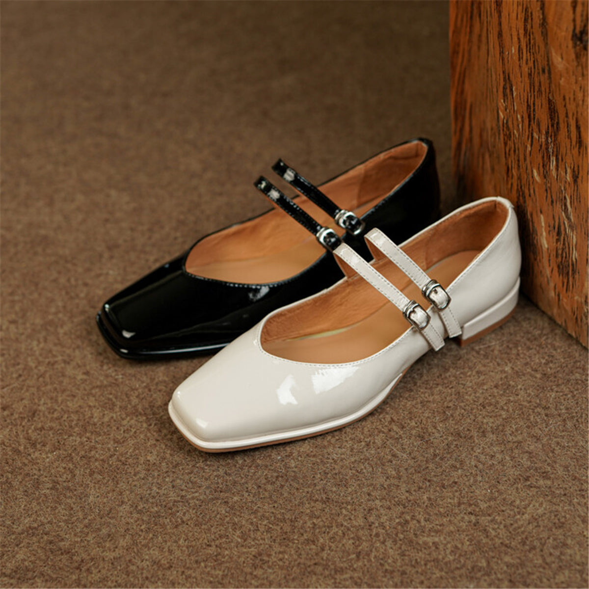 Women's Square Toe Patent Leather Handmade Buckles Casual Flat Mary Jane Shoes