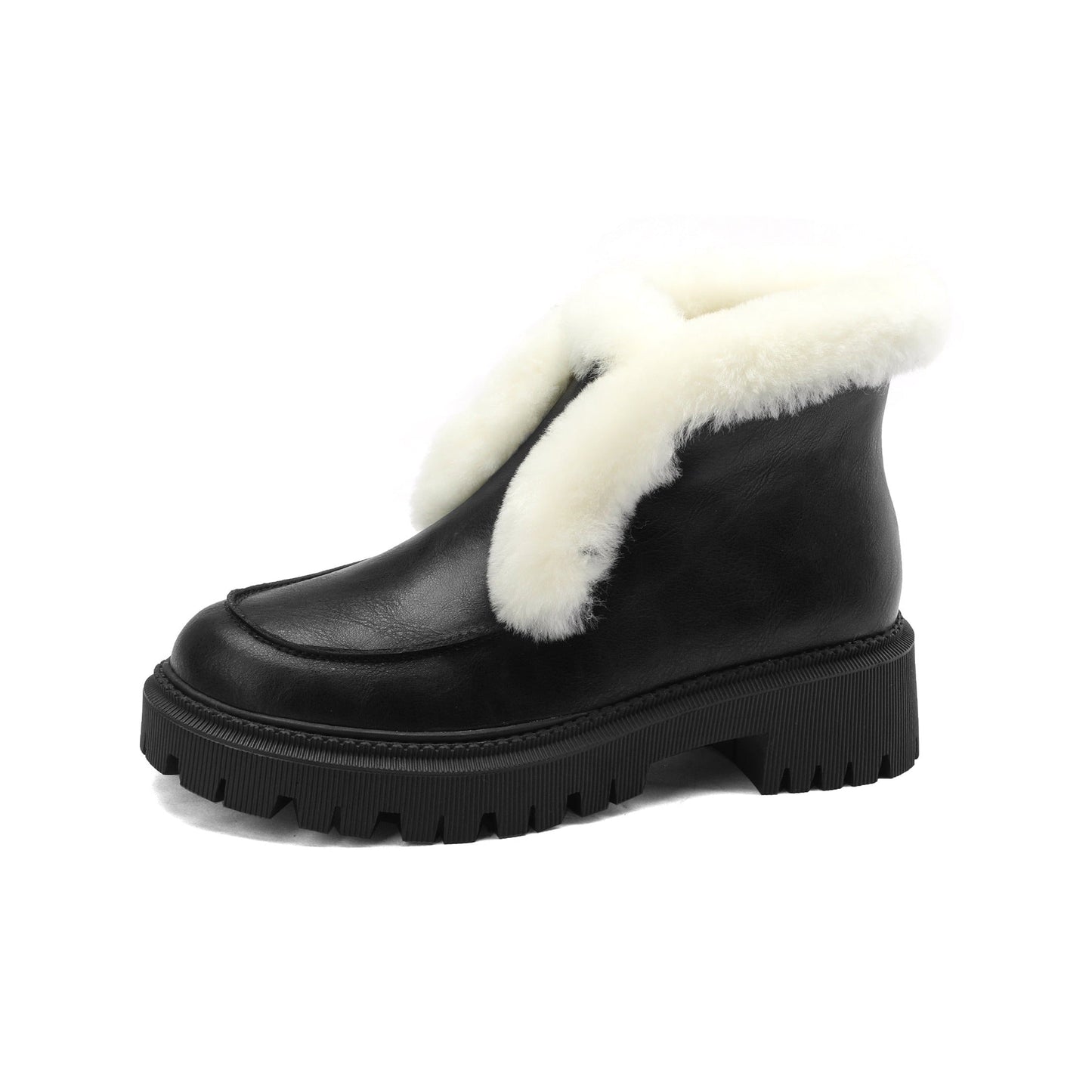 Handmade Women's Genuine Leather Furry Pull On Round Toe Low Block Heel Platform Ankle Boots