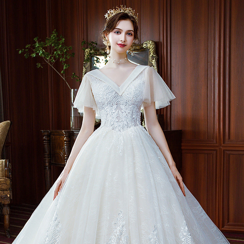 BelaCustom V-Neck Appliques Short Sleeve Pearls A-Line Wedding Dress