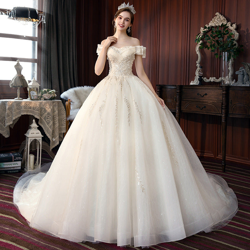 BelaCustom Appliques Sleeveless Off Shoulder Lace Up A-Line Ball Grown Wedding Dress