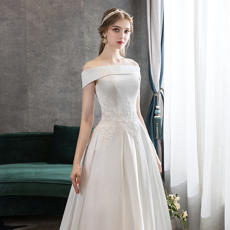 BelaCustom Appliques Bridal Lace Up Off Shoulder A-Line Satin Wedding Dress