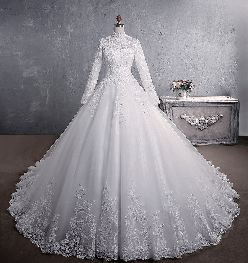 BelaCustom Appliques Lace Long Sleeve A-Line Chapel Train Muslim Wedding Dress