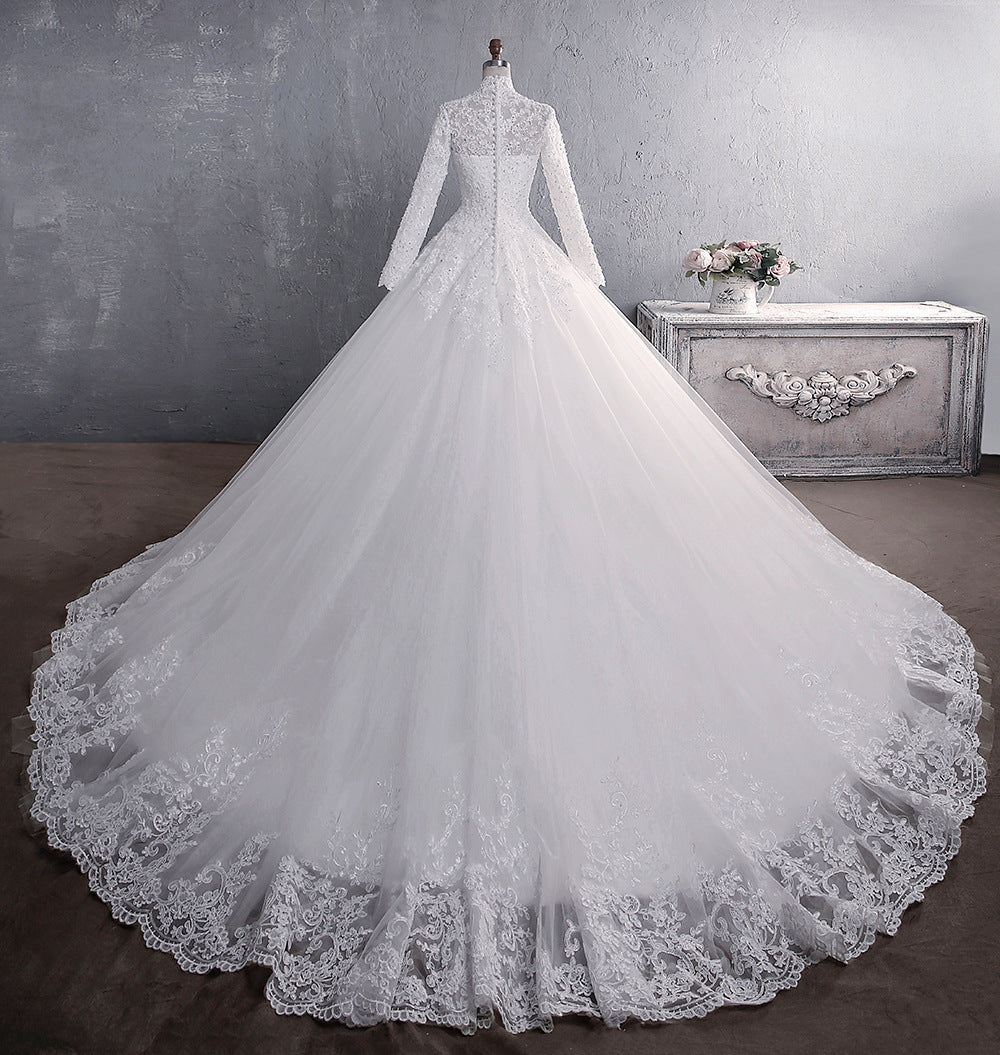 BelaCustom Appliques Lace Long Sleeve A-Line Chapel Train Muslim Wedding Dress