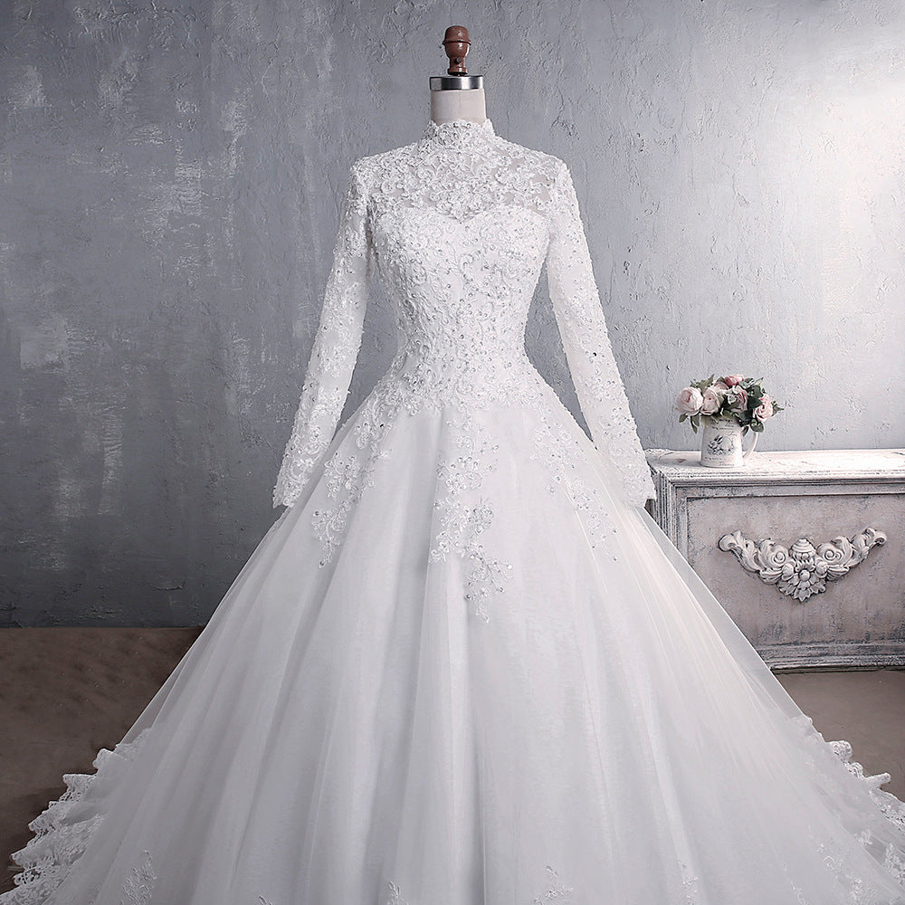 BelaCustom Appliques Lace Long Sleeve A-Line Chapel Train Muslim Wedding Dress