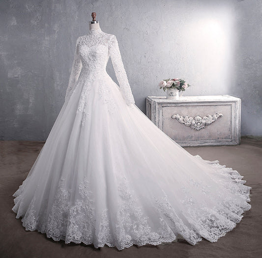 BelaCustom Appliques Lace Long Sleeve A-Line Chapel Train Muslim Wedding Dress