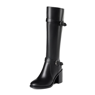 Genuine Leather Round Toe Chunky High Heel Comfortable Knee High Boots