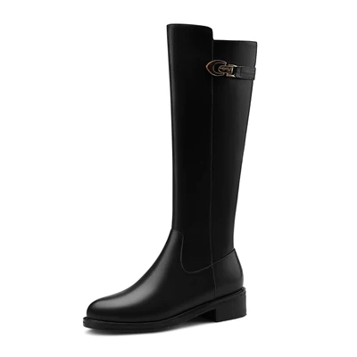 Women's Genuine Leather Round Toe Side Zipper Handmade Low Chunky Heel Comfort Knee High Boots with Metal Décor