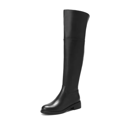 Women's Genuine Leather Round Toe Handmade Half Side Zipper Low Chunky Heel Over Knee Boots