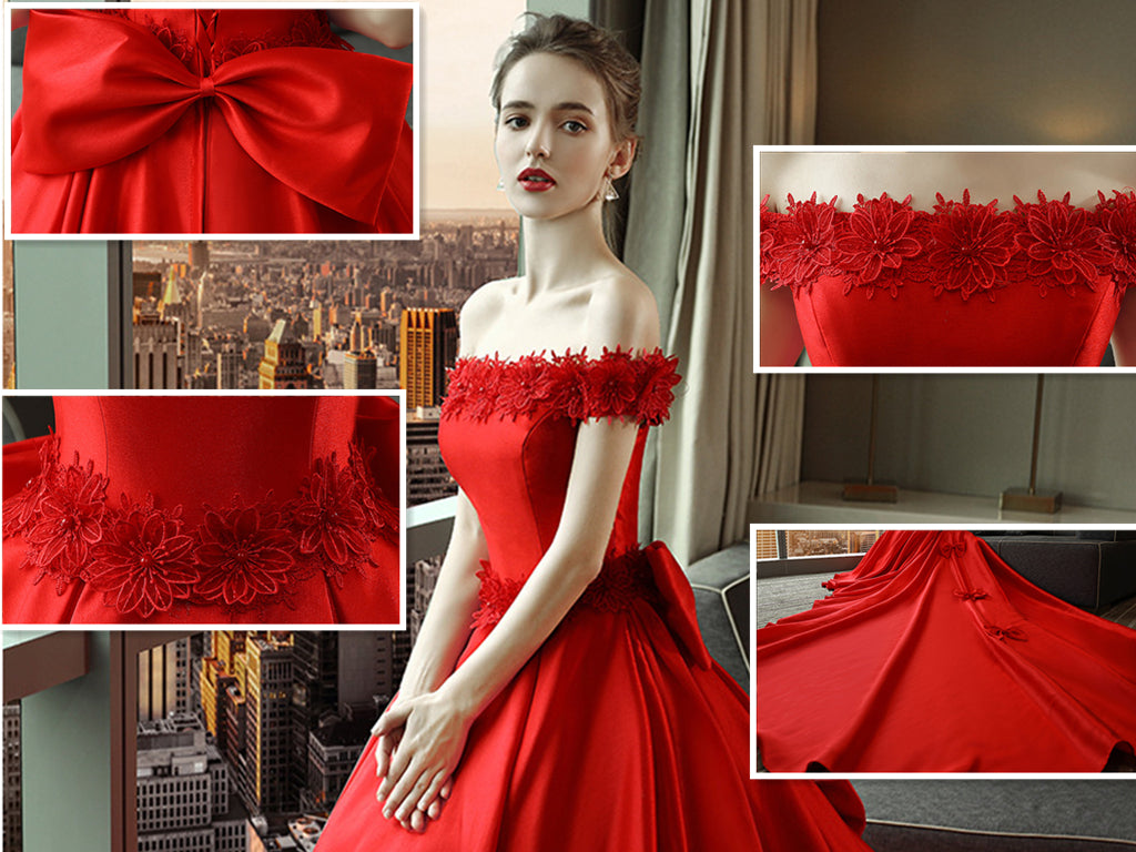 BelaCustom Off Shoulder Lace Flower Bowknot Decor A-Line Red Wedding Dress