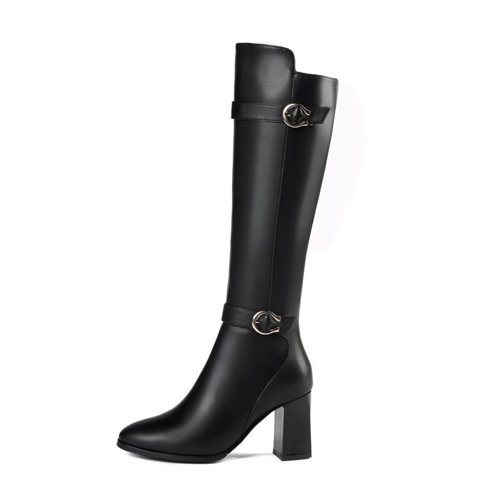 Women's Genuine Leather Pointed Toe Side Zip Handmade High Chunky Heel Plus-size Customized Circumference Knee High Boots with Buckle