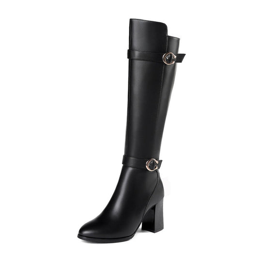 Women's Genuine Leather Pointed Toe Side Zip Handmade High Chunky Heel Plus-size Customized Circumference Knee High Boots with Buckle