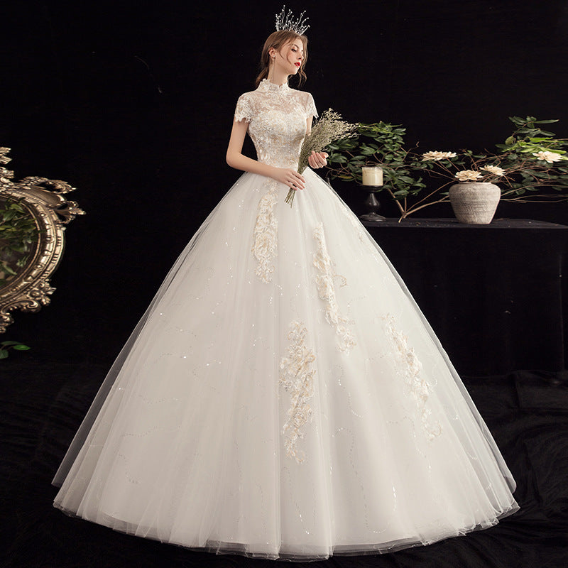 BelaCustom Pearls Floral Appliques Short Sleeves A-Line Scoop Back Embroidery Wedding Dress