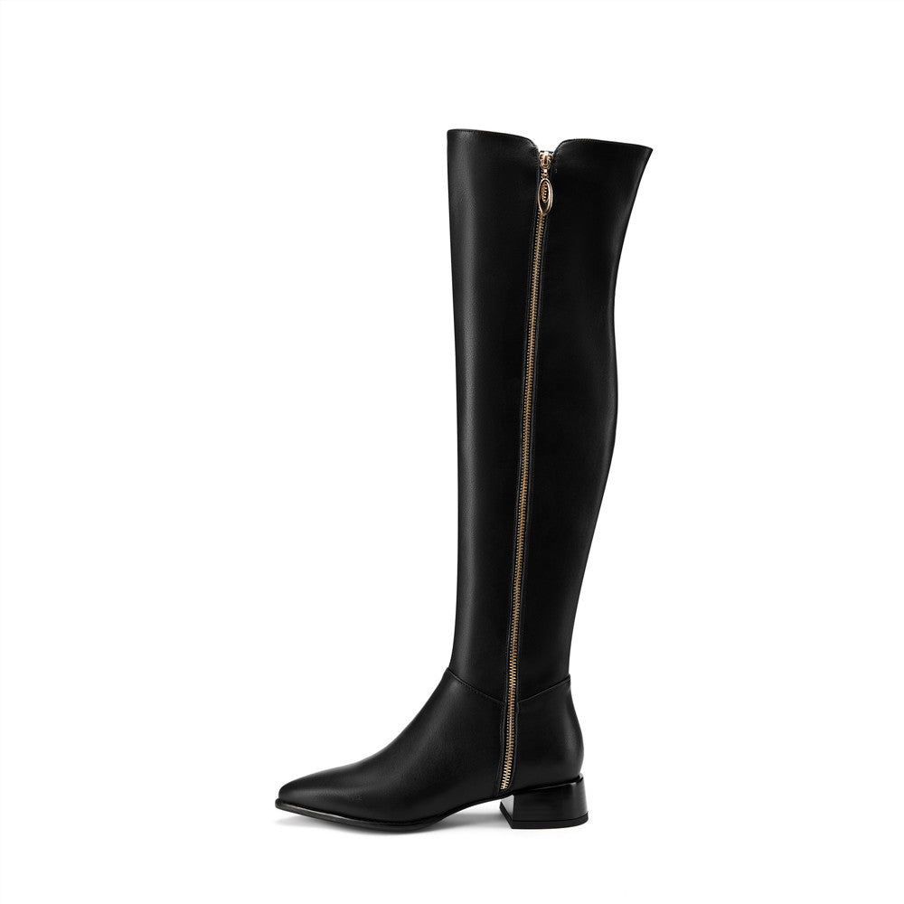 Women's Genuine Leather Handmade Pointed Toe Side Zip Low Chunky Heel Chic Plus-size Customized Circumference Over Knee Boots