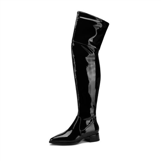 Women's Glossy Patent Leather Handmade Pointed Toe Half Side Zip Low Chunky Heel Stylish Plus-size Customized Circumference Over Knee Boots