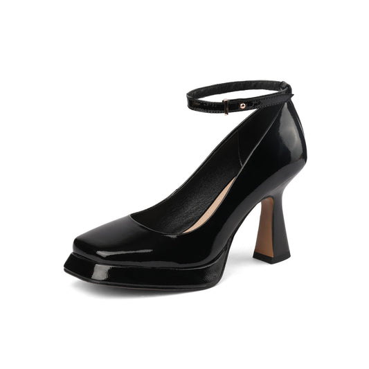 Women's Square Toe Glossy Patent Leather Handmade Platform Stylish High Chunky Heels with Detachable Ankle Belt