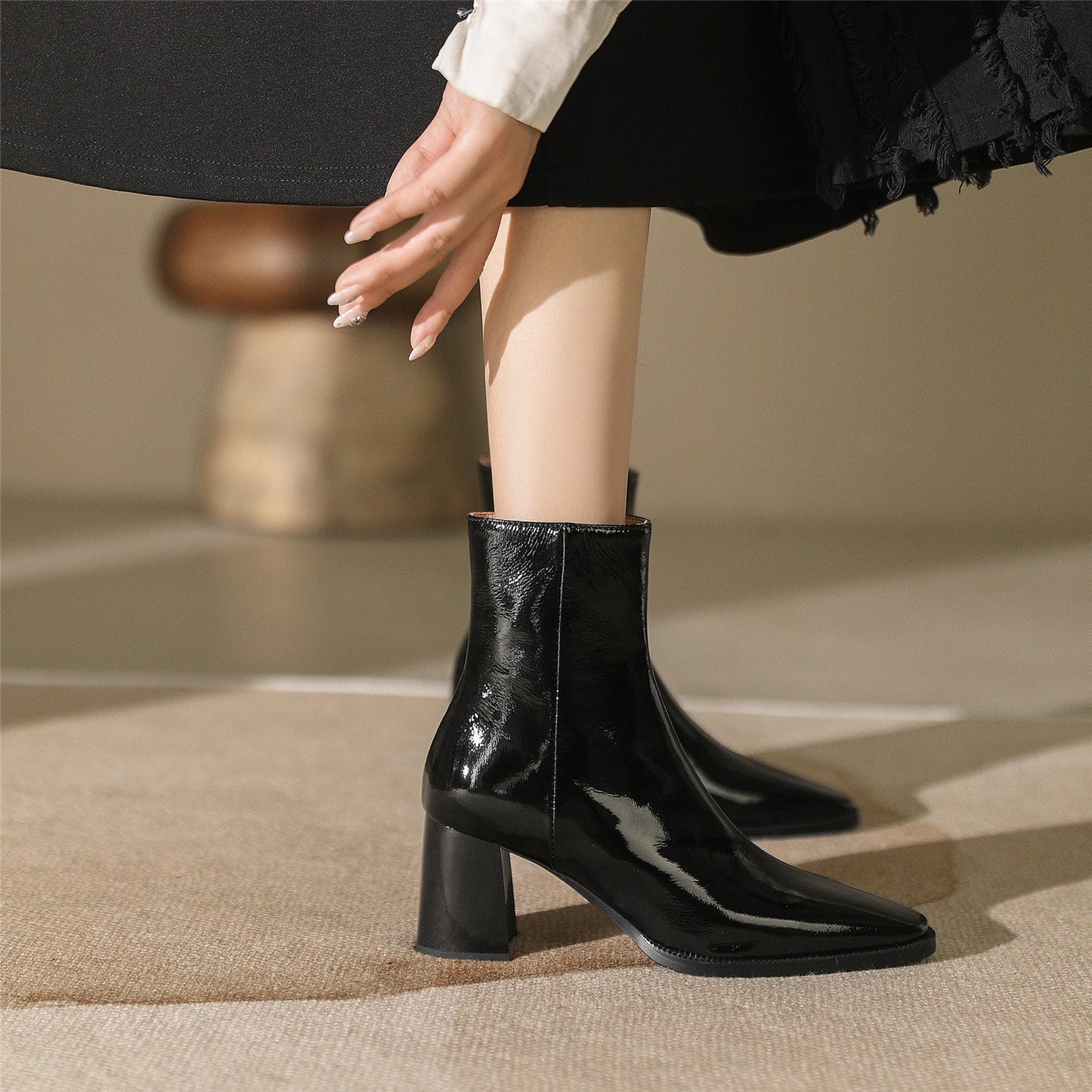 Women's Handmade Glossy Genuine Leather Pointed Toe Side Zipper Mid Block Heel Ankle Boots