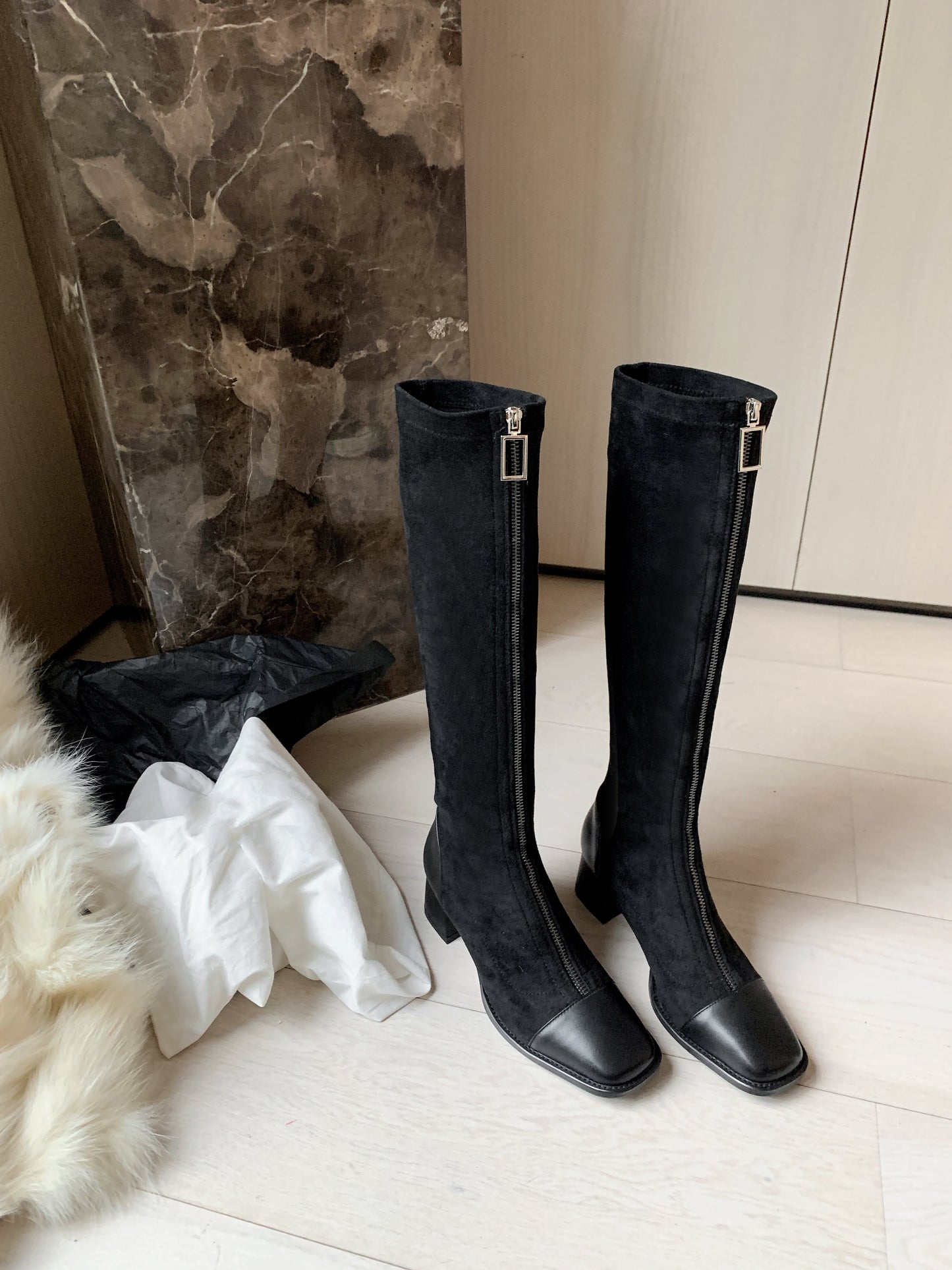 Women's Stretch Fabric Handmade Cap Toe Fashion Front Zipper Comfort Low Chunky Heel Knee High Boots