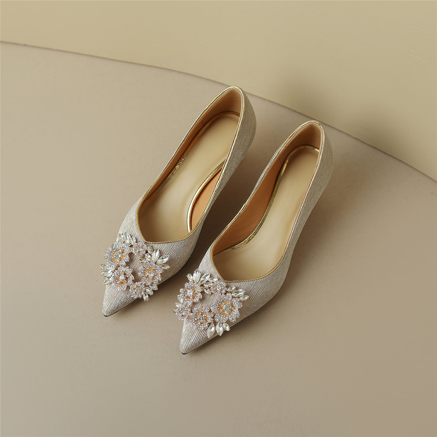 Glitter Rhinestone Pattern Kitten Heel Handmade Women's Pointed Toe Slip On Elegant Bridal Loafer Pumps