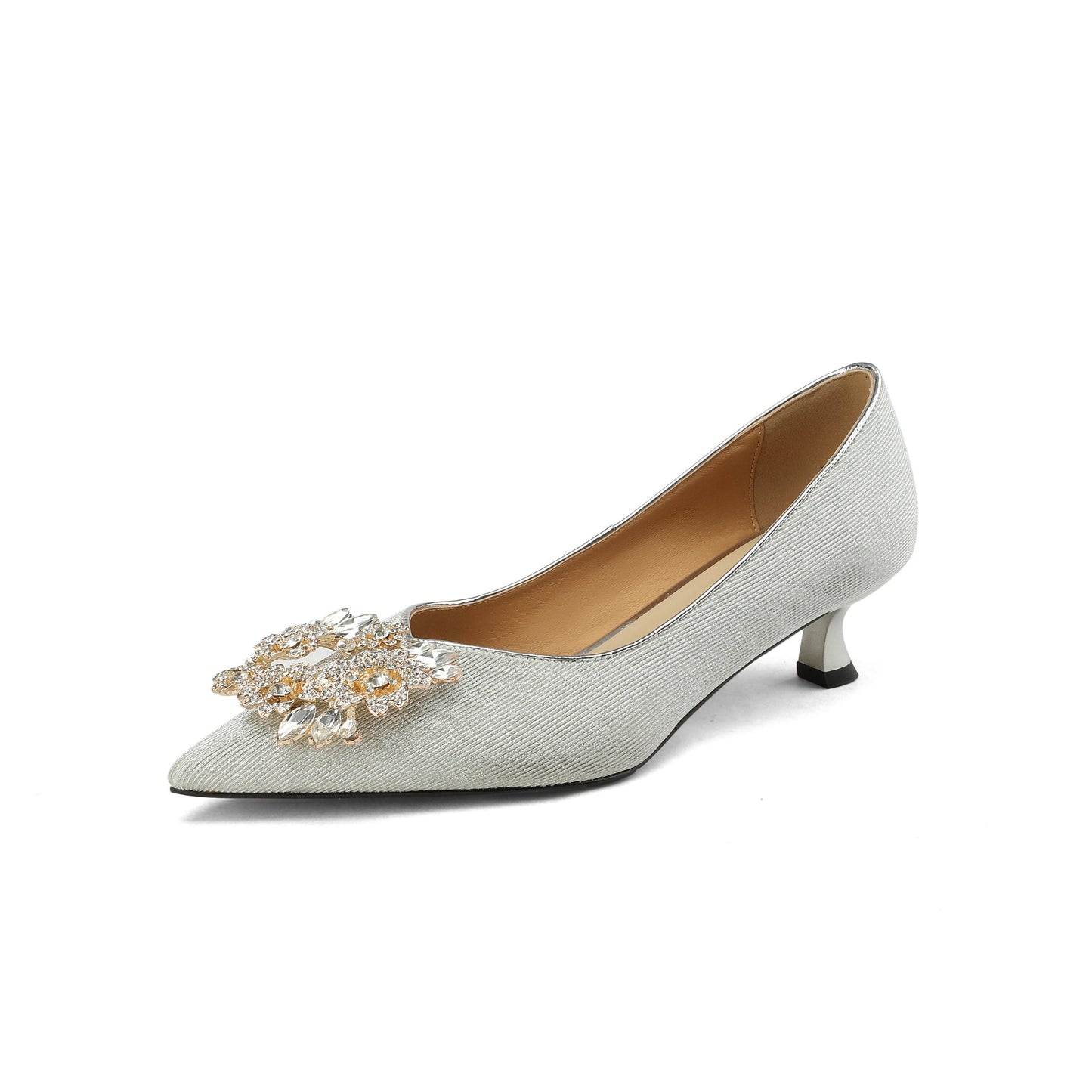 Glitter Rhinestone Pattern Kitten Heel Handmade Women's Pointed Toe Slip On Elegant Bridal Loafer Pumps