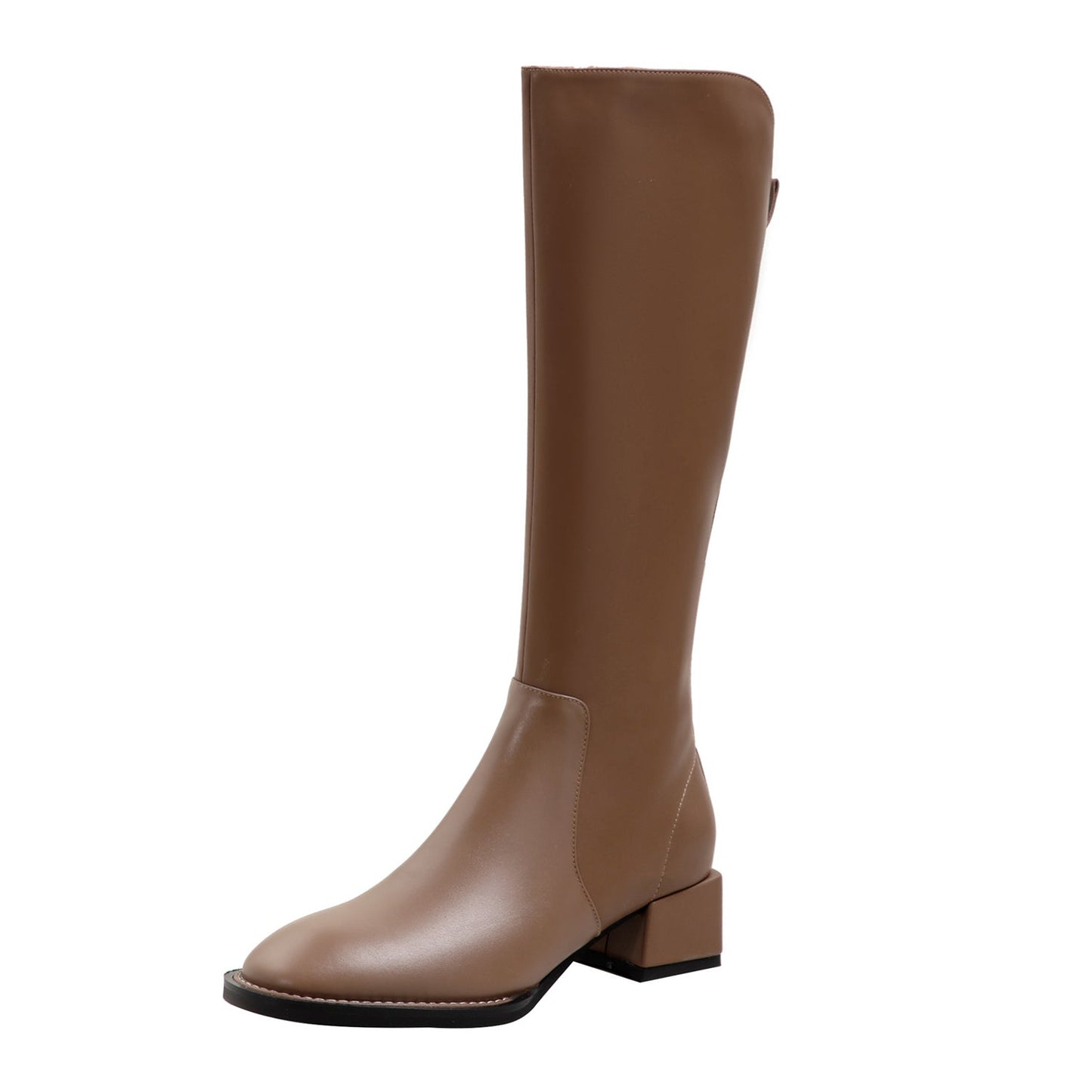 Women's Genuine Leather Handmade Block Heel Side Zip Up Round Toe Knee-High Riding Boots