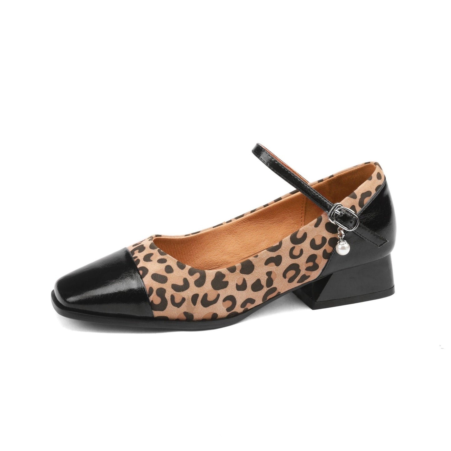 Women's Square Toe Leopard Print Genuine Leather Handmade Low Heel Chic Mary Jane Shoes