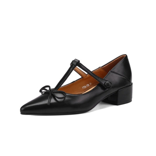 Women's Genuine Leather Pointed Toe Handmade Bowtie Cute Mary Jane Shoes with Low Chunky Heels