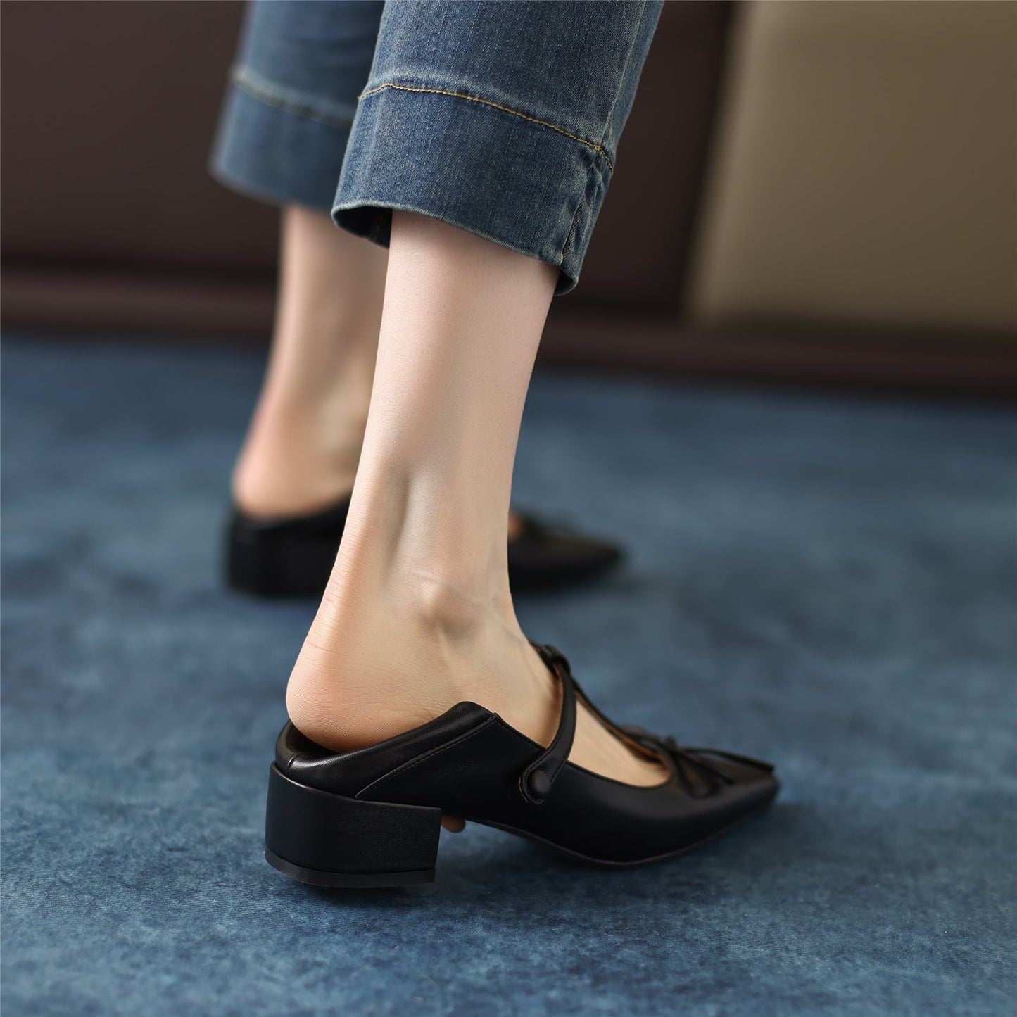 Nine Seven Women's Genuine Leather Pointed Toe Handmade Bowtie Cute Mary Jane Shoes with Low Chunky Heels