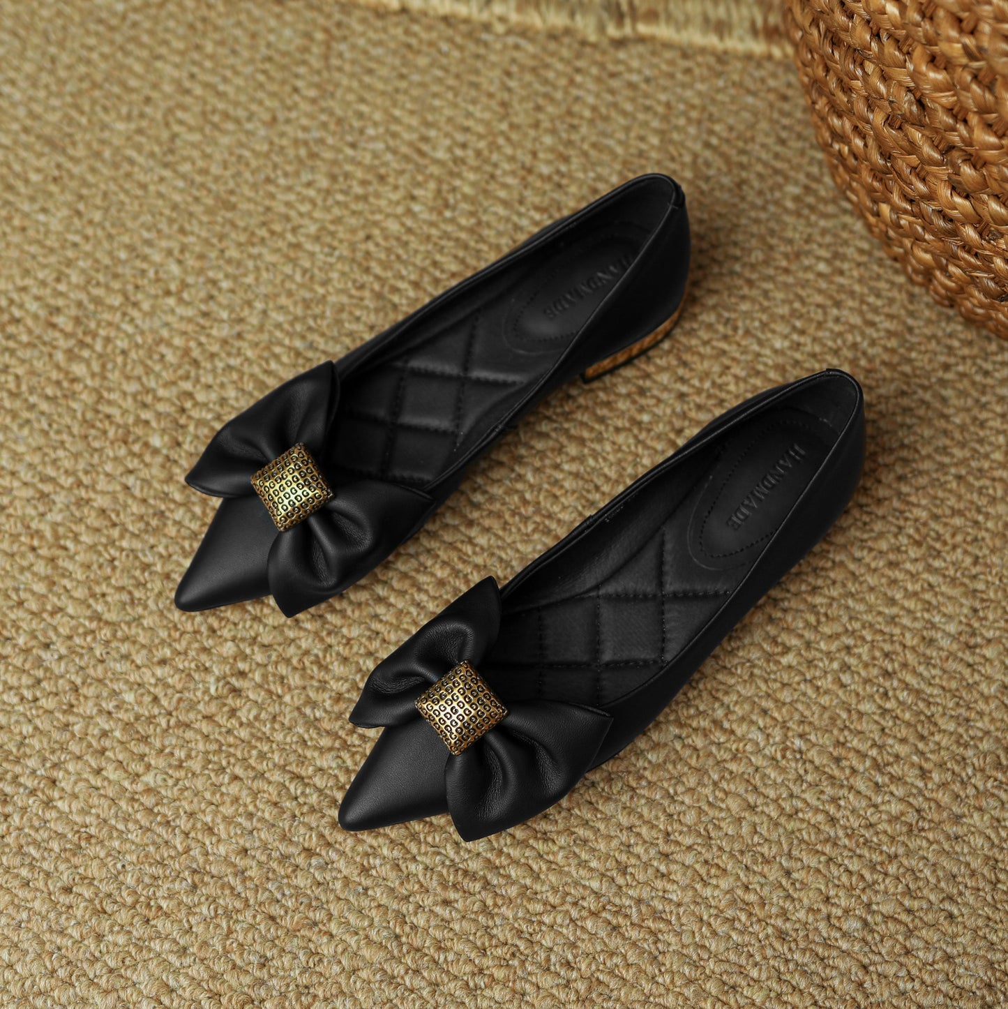 Nine Seven Women's Genuine Leather Handmade Pointed Toe Décor Bow Slip on Ballet Flats Shoes