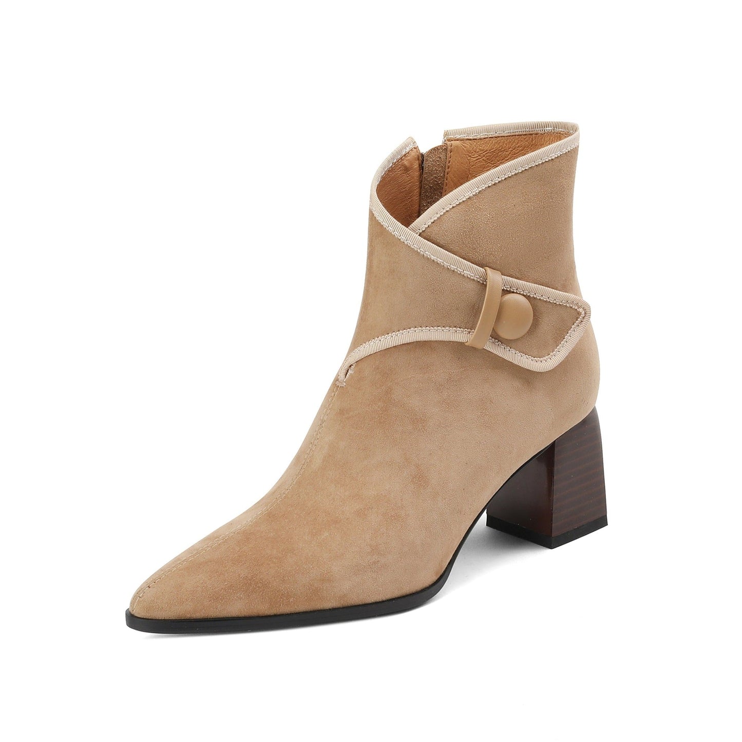 Handmade Women's Suede Leather Buckle Side Zipper Pointed Toe Mid Chunky Heel Ankle Boots