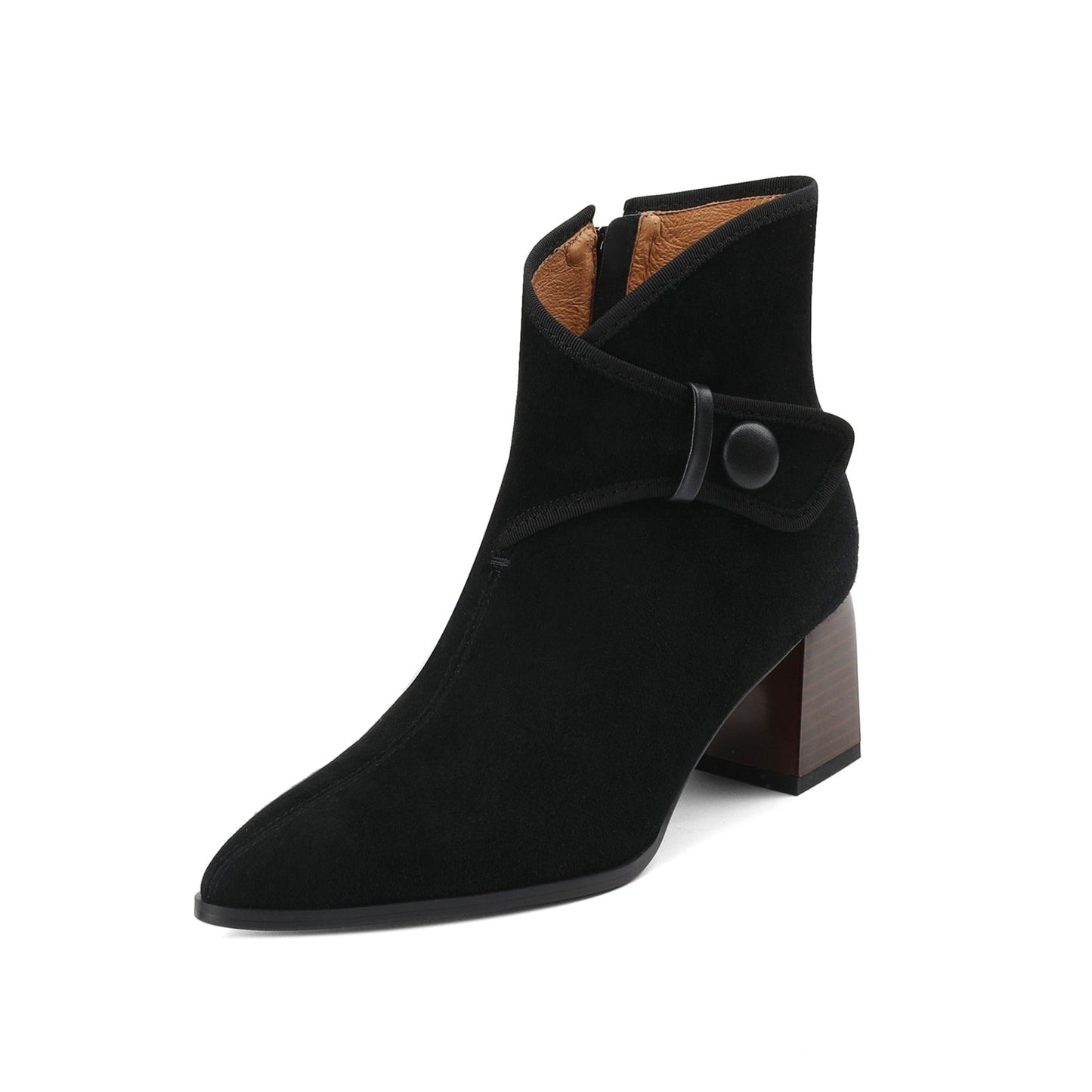 Handmade Women's Suede Leather Buckle Side Zipper Pointed Toe Mid Chunky Heel Ankle Boots