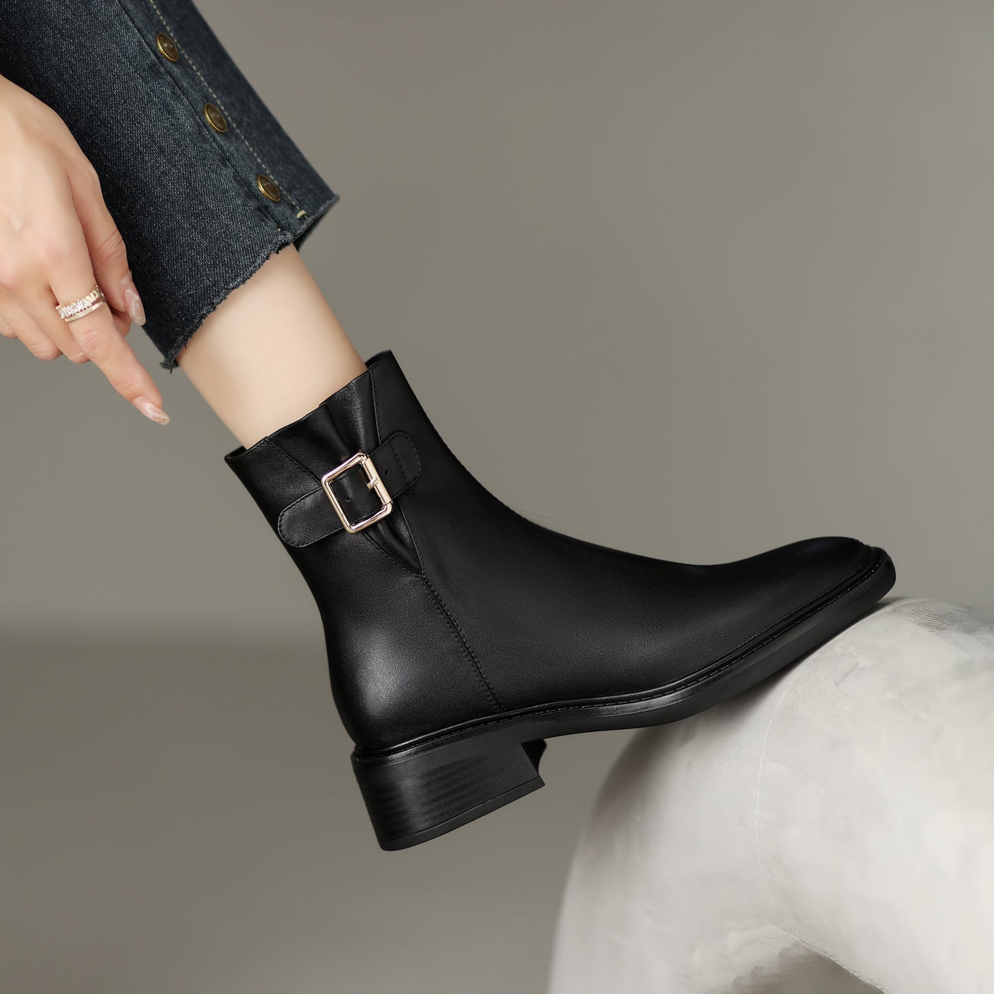 Handmade Women's Genuine Leather Ankle Buckle Design Square Toe Low Block Heel Side Zipper Ankle Boots Shoes