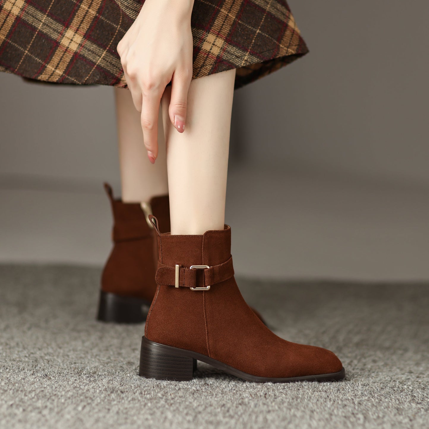 Women's Square Toe Suede Leather Handmade Buckle Side Zip Up Ankle Boots with Chunky Heels