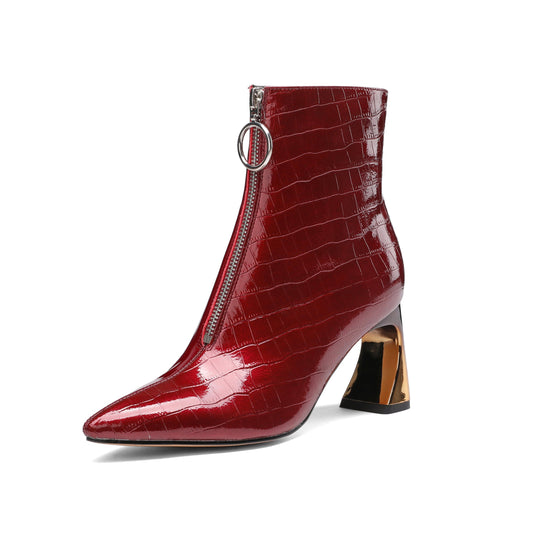 Women's Handmade Patent Leather Pointed Toe Stylish Front Zip Up High Spool Heel Ankle Boots