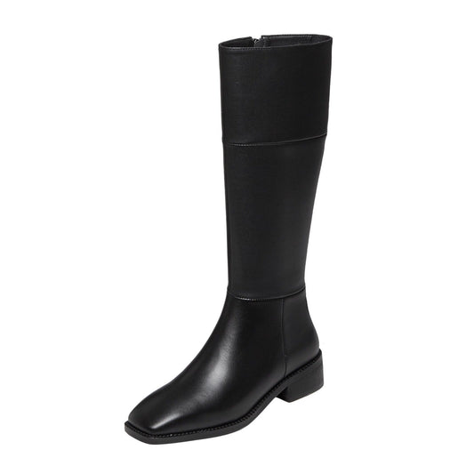 Handmade Women's Genuine Leather Comfortable Chunky Heel Side Zip Up Classic Square Toe Stylish Knee-High Boots