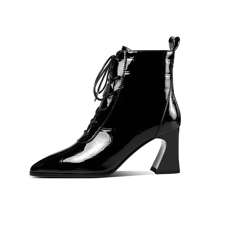 Women's Patent Leather Handmade Pointed Toe Stylish Spool Heel Lace Up Checkered Ankle Booties