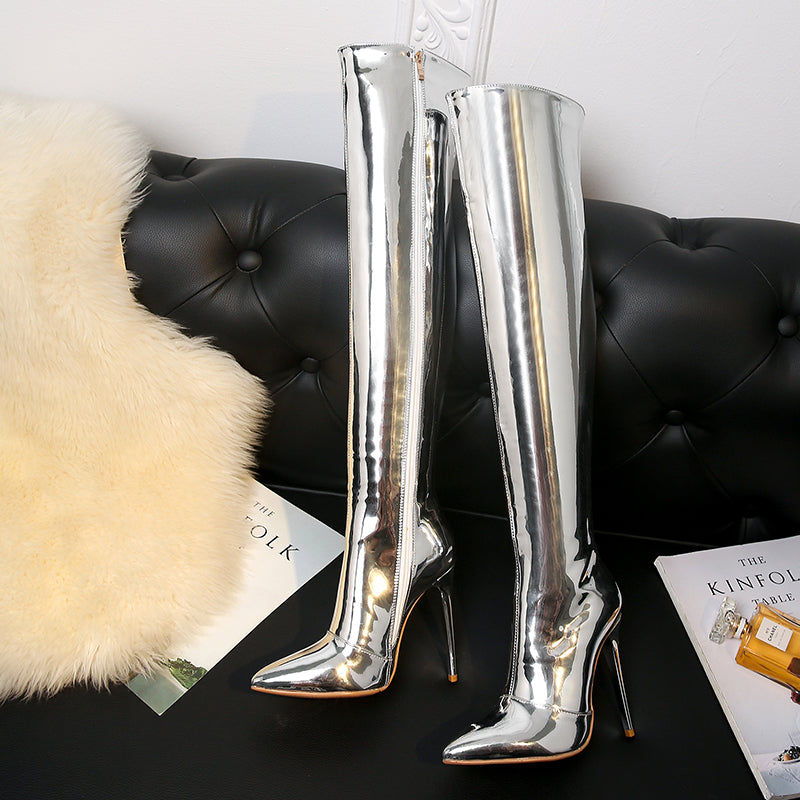 Patent Leather Pointed Toe Stiletto Heel Plus-size Customized Circumference Over The Knee High Boots