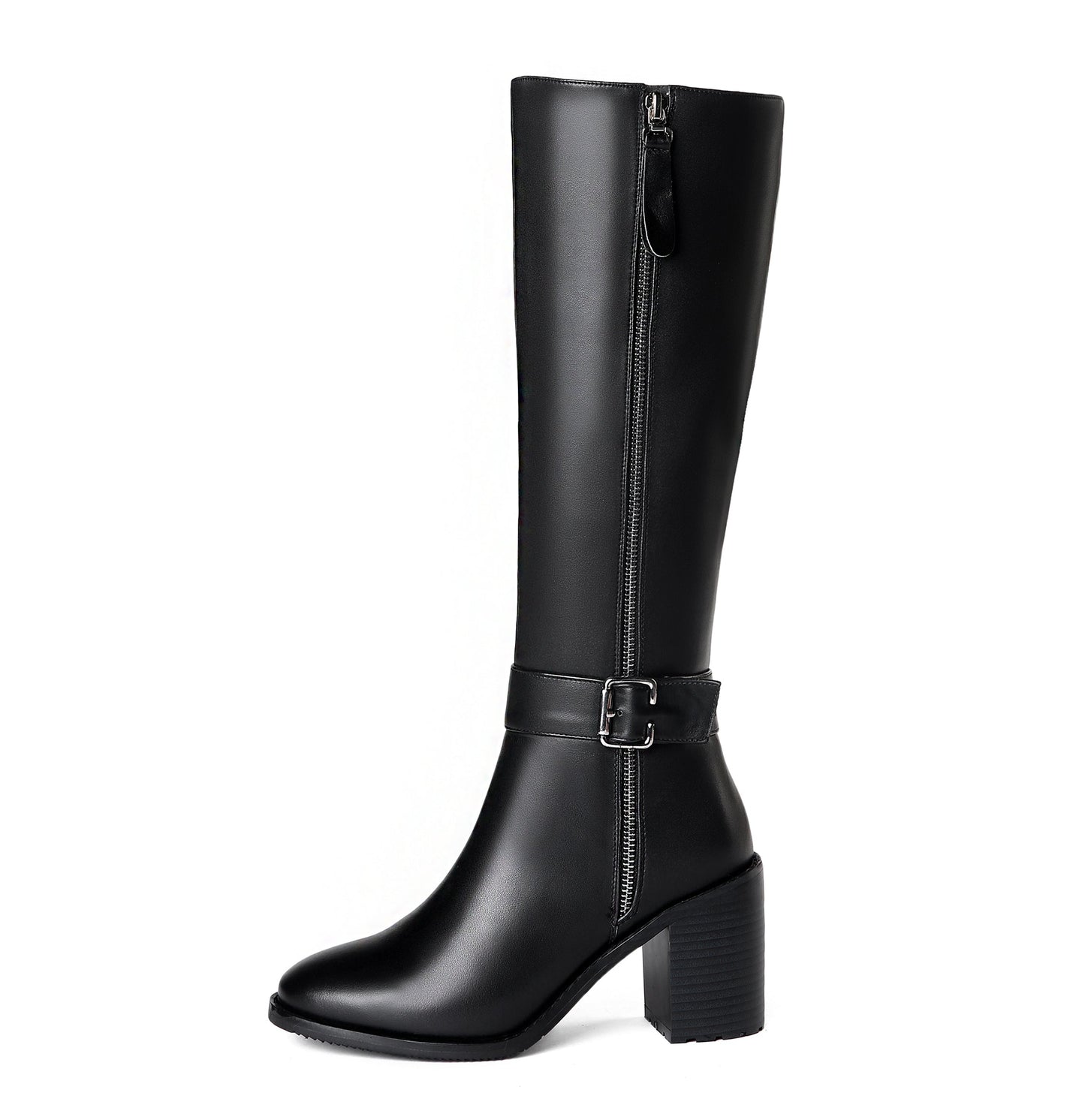 Women's Genuine Leather Round Toe Handmade Buckled Dual Zippers High Chunky Heels Stylish Knee High Boots