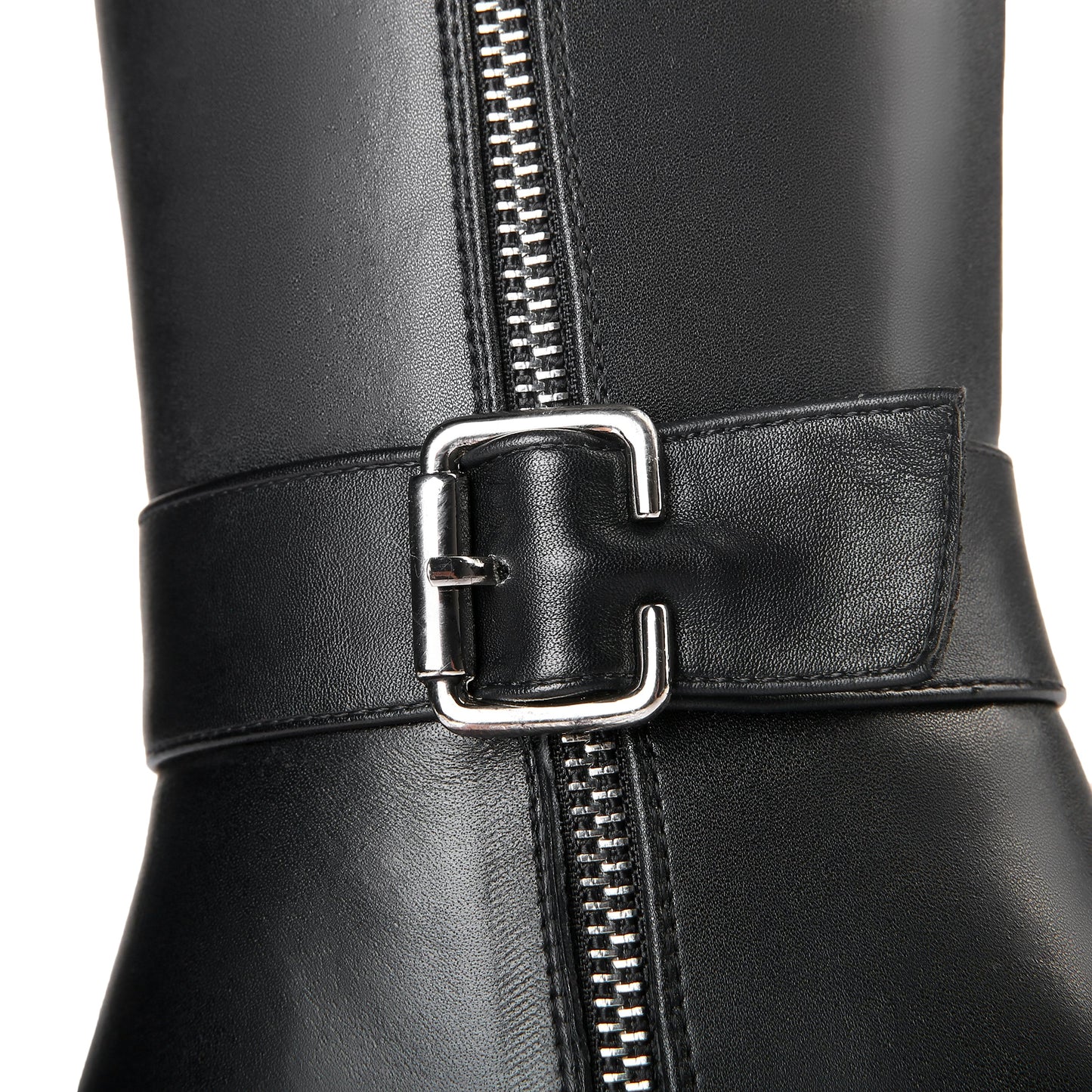 Women's Genuine Leather Round Toe Handmade Buckled Dual Zippers High Chunky Heels Stylish Knee High Boots