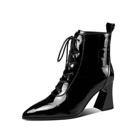 Women's Patent Leather Handmade Pointed Toe Stylish Spool Heel Lace Up Checkered Ankle Booties