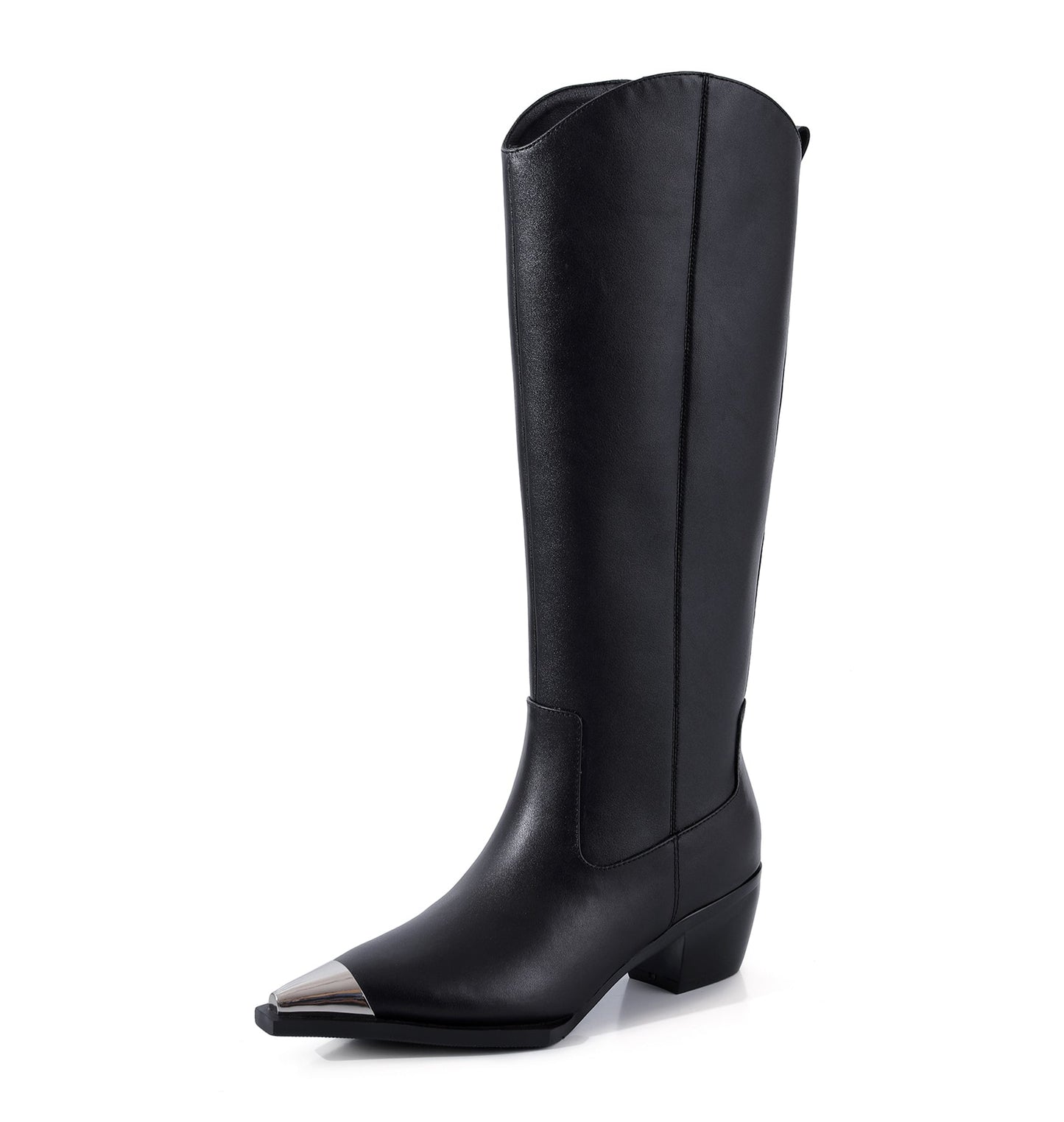 Women's Handmade Genuine Leather Classic Pointed Toe Mid Block Heel Slip Up Weatern Style Knee High Boots