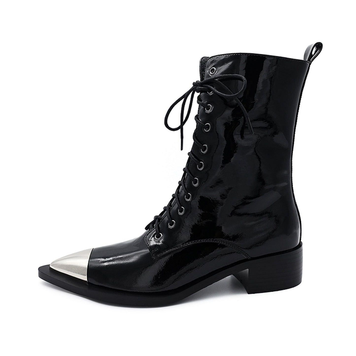 Women's Patent Leather Low Chunky Heel Lace Up Handmade Cap Toe Mid Calf Boots