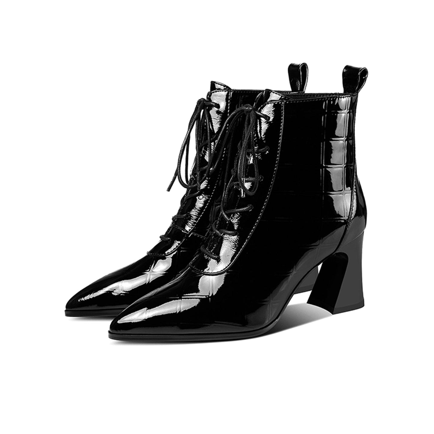 Women's Patent Leather Handmade Pointed Toe Stylish Spool Heel Lace Up Checkered Ankle Booties