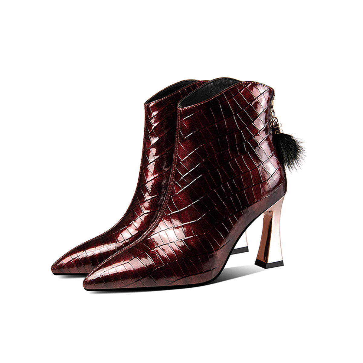 Patent Leather Women's Handmade Pointed Toe High Heel Back Zip Up Fur Pendant Ankle Booties