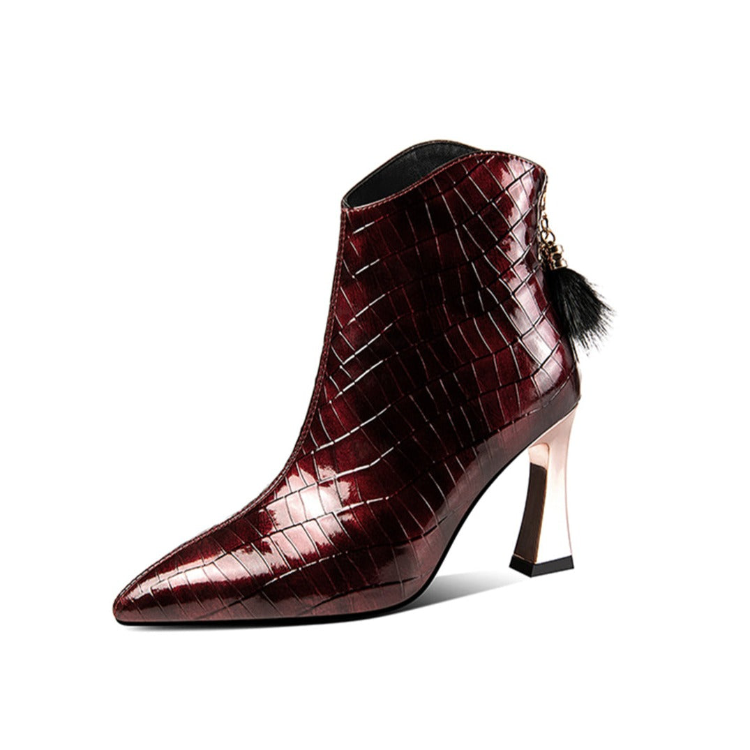 Patent Leather Women's Handmade Pointed Toe High Heel Back Zip Up Fur Pendant Ankle Booties