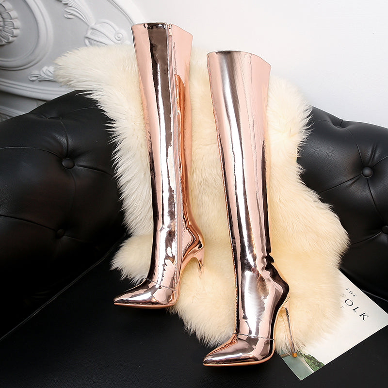 Patent Leather Pointed Toe Stiletto Heel Plus-size Customized Circumference Over The Knee High Boots