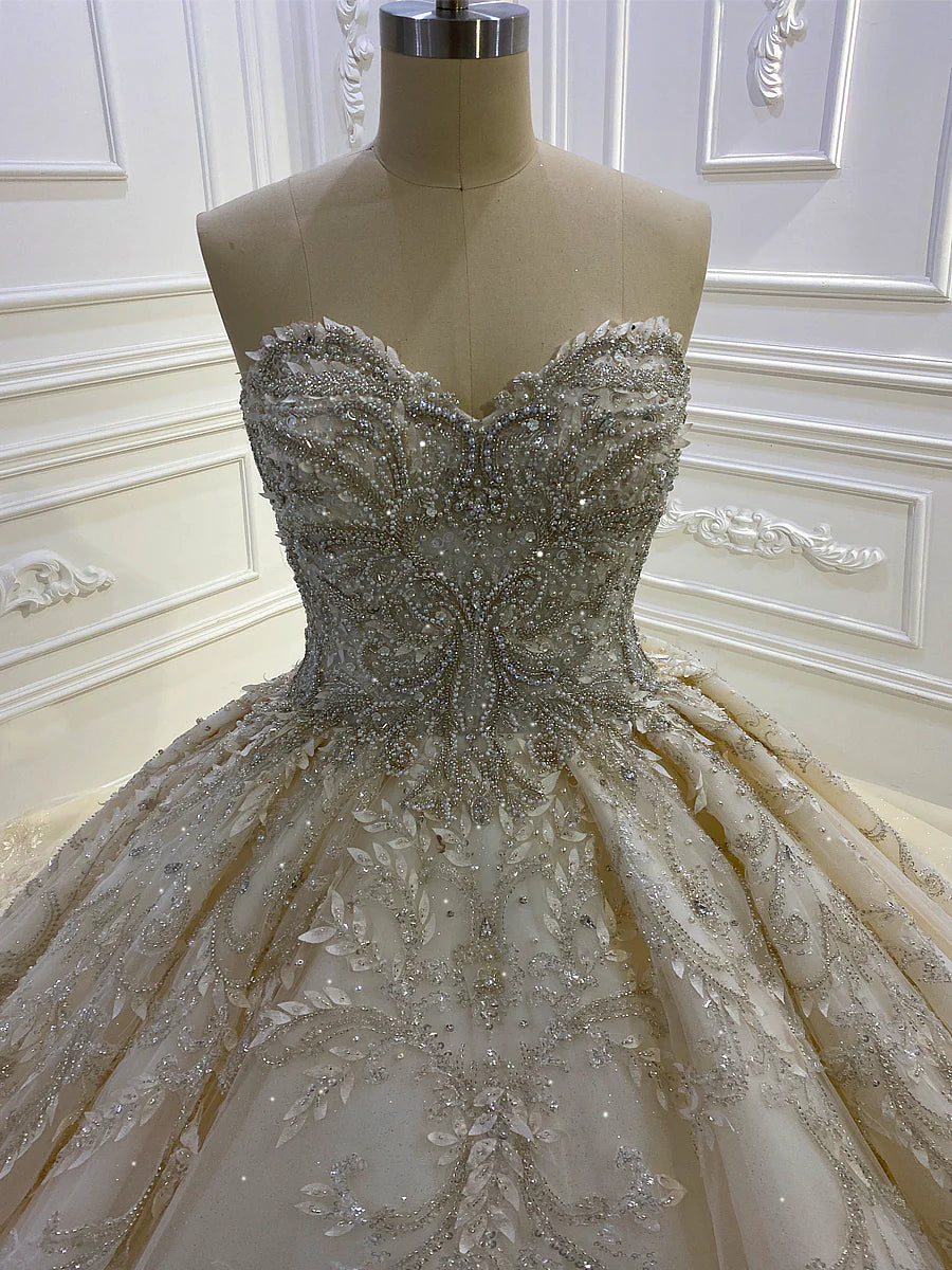 BelaCustom Lace Appliqued Strapless Court Train Ball Grown Sleeveless Wedding Dress Customization