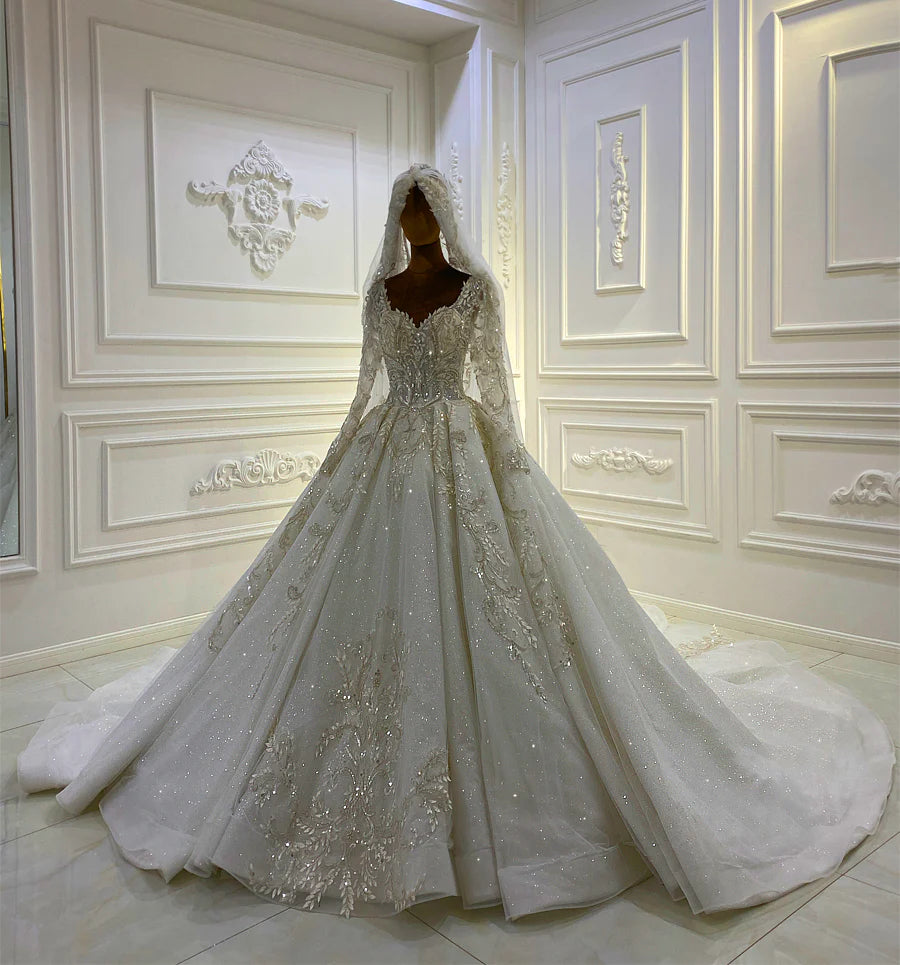 BelaCustom Veils Long Sleeve Lace Applique Wedding Dress Customization