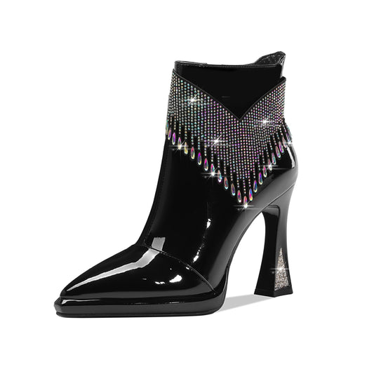 Women's Pointed Toe Patent Leather Handmade Rhinestones Decor Zip Up High Heels Ankle Boots